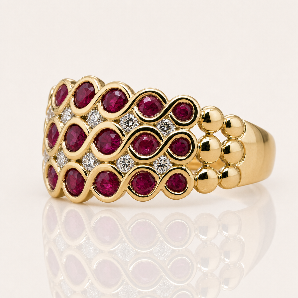 Eva | Ruby & Diamond Wide Ring | 9ct White Gold