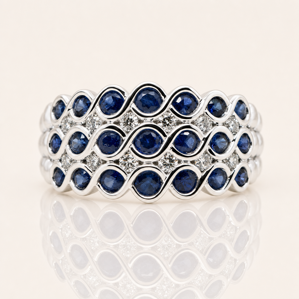 Eva | Sapphire & Diamond Wide Ring | 9ct White Gold