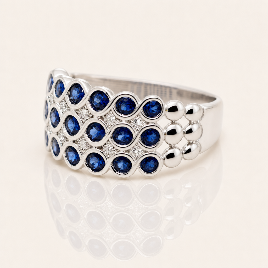 Eva | Sapphire & Diamond Wide Ring | 9ct White Gold