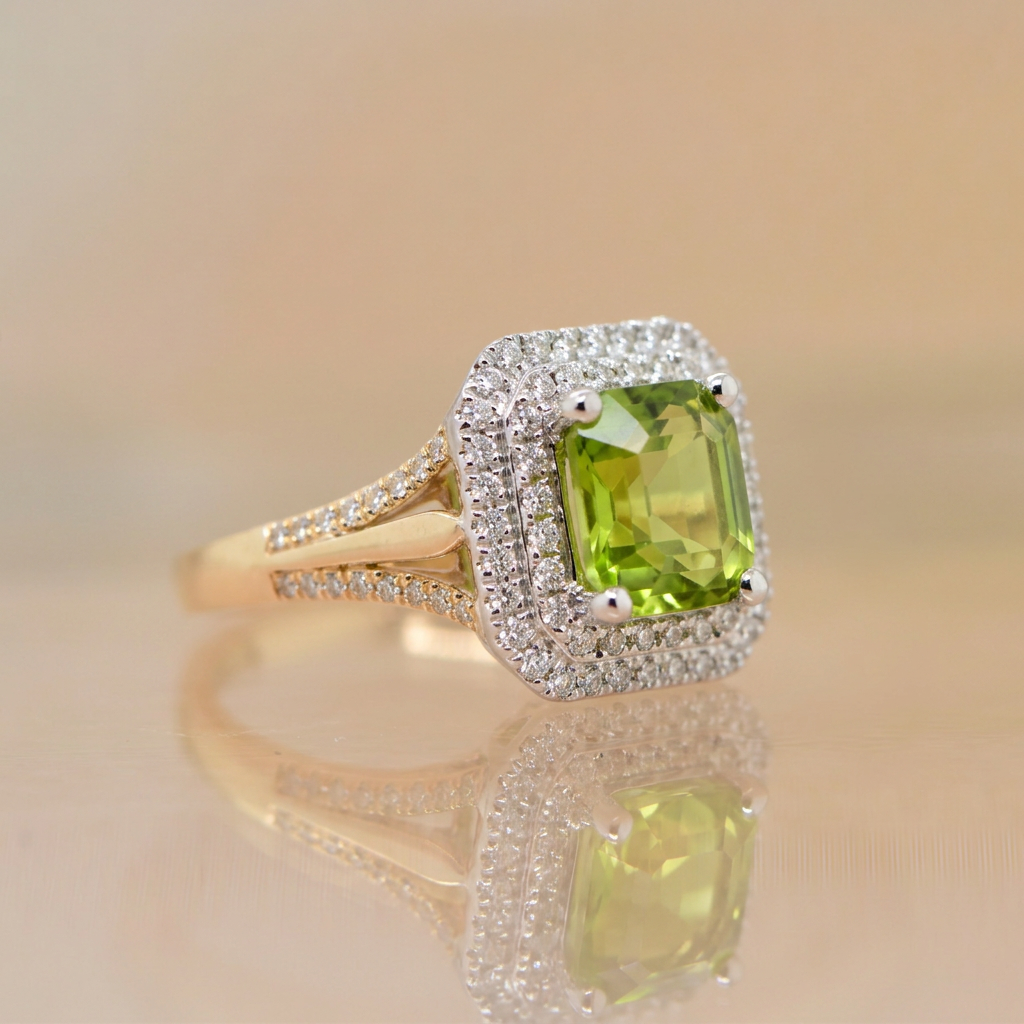 9ct Yellow & White Gold Peridot Double Halo Ring