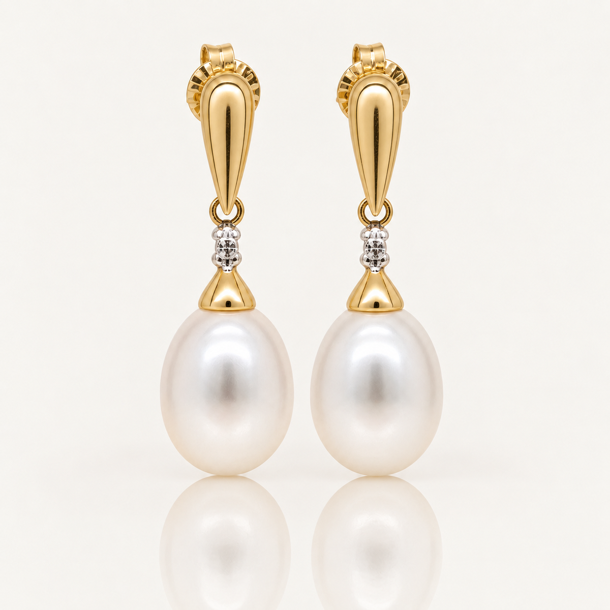 Freshwater Pearl & Diamond Drop Earrings | 9ct Yellow Gold