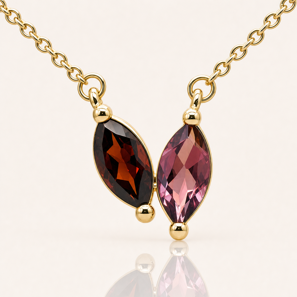 Garnet & Pink Tourmaline Marquise Stud Earrings | 9ct Yellow Gold