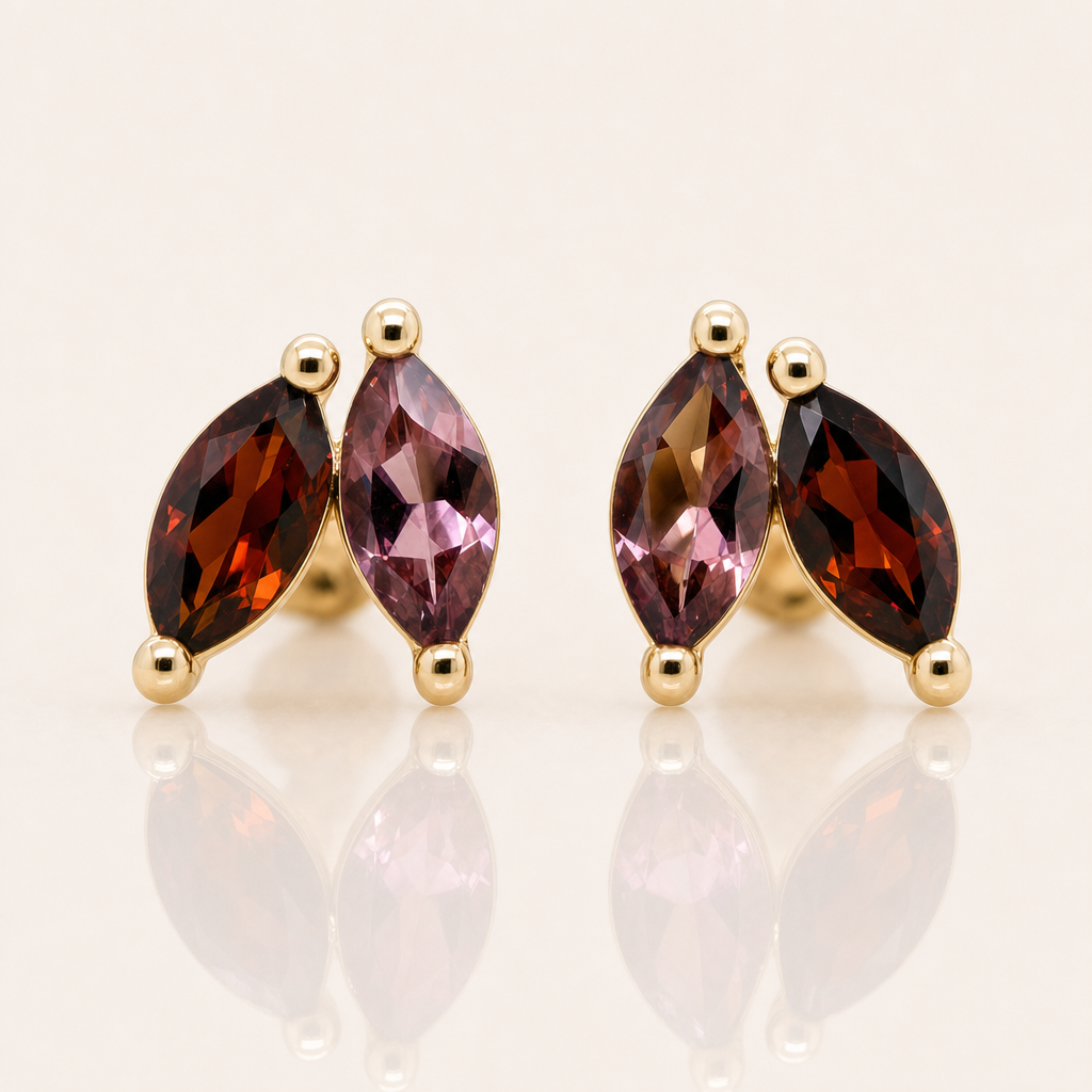 Garnet & Pink Tourmaline Marquise Stud Earrings | 9ct Yellow Gold