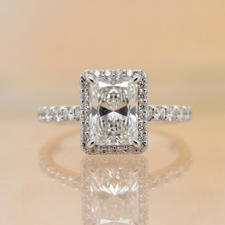 Grace | 2.01ct Radiant Cut Lab Grown Diamond Engagement Ring | Halo & Diamond Band | 18ct White Gold