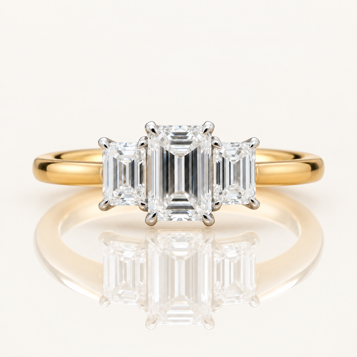 Hazel | 1.50ct Emerald Cut Lab Grown Diamond Trilogy Engagement Ring | 18ct Yellow & White Gold