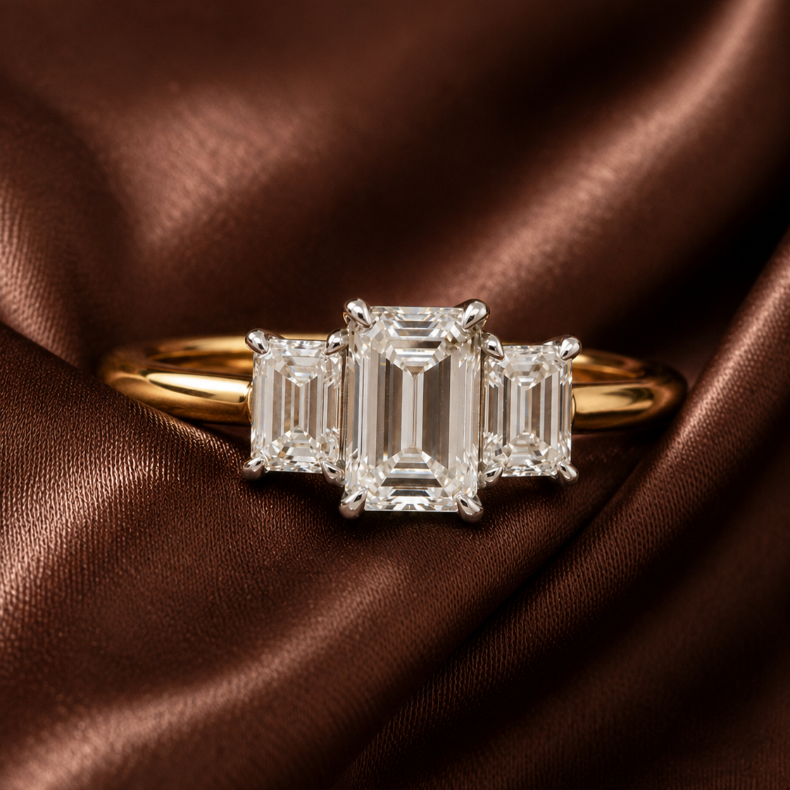 Hazel | 1.50ct Emerald Cut Lab Grown Diamond Trilogy Engagement Ring | 18ct Yellow & White Gold