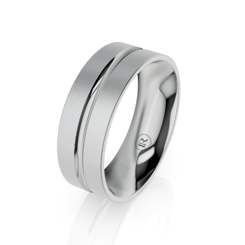 A silver-toned metal band ring with a brushed center channel and polished outer edges, shown on a clean white background with a soft reflection.