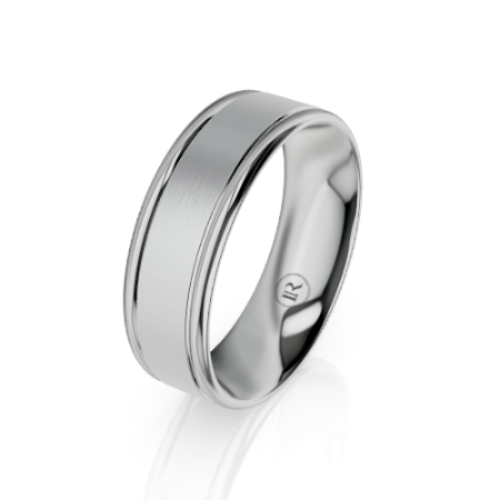 A polished silver-colored metal band ring with a brushed center section and beveled edges, shown on a clean white background with a soft reflection.