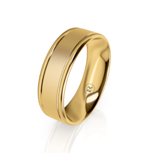 A polished yellow gold band ring with a smooth, slightly beveled edge and a highly reflective finish, shown on a clean white background with a soft reflection.