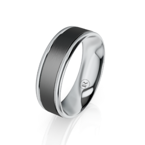 A modern silver-toned band ring with a brushed black inlay, shown on a clean white background with a soft reflection.