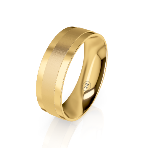 A yellow gold band ring with a brushed center section and polished beveled edges, shown on a clean white background with a soft reflection.