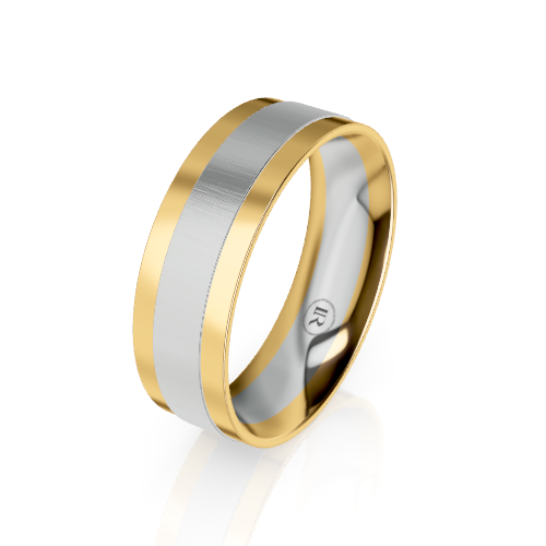 A two-tone metal band ring with a brushed silver center and polished gold edges, shown on a clean white background with a soft reflection.
