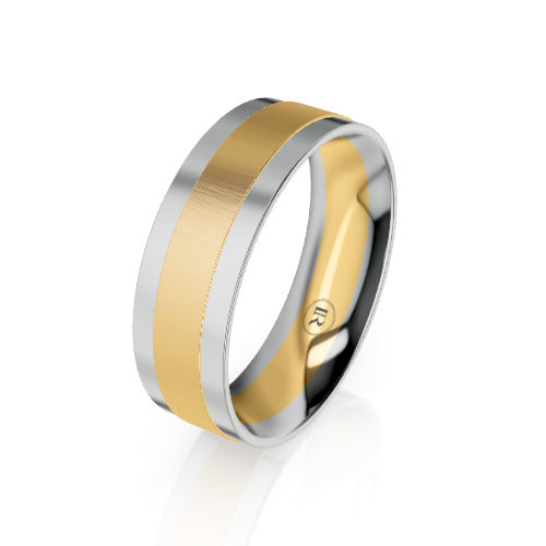 A two-tone metal band ring with a brushed gold center and polished silver-colored edges, shown on a clean white background with a soft reflection.
