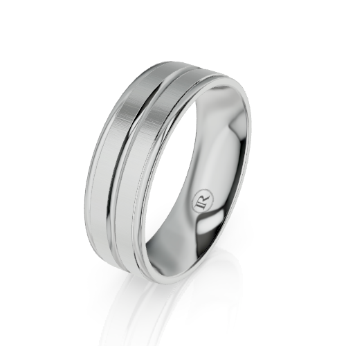 A polished silver-toned metal band ring with a double beveled groove design, shown on a clean white background with a soft reflection.
