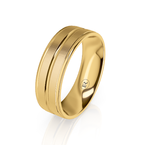 A polished yellow gold band ring with a double beveled channel groove design, shown on a clean white background with a soft reflection.