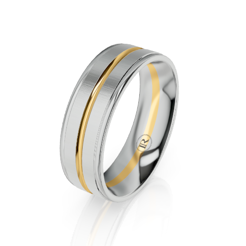 A two-tone wedding band ring with a brushed silver outer surface and polished yellow gold inlay stripes, shown on a clean white background with a soft reflection.