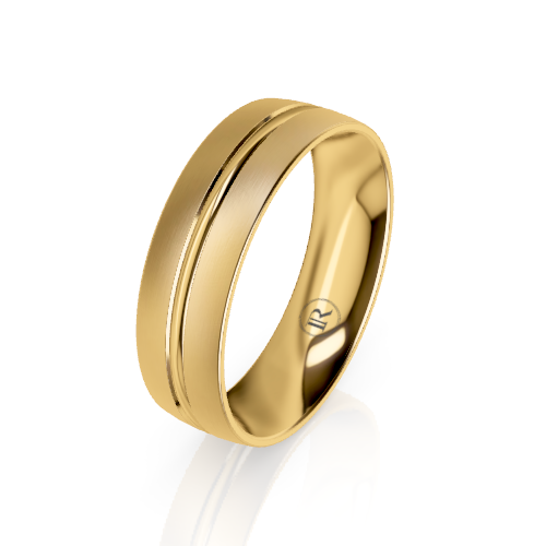 Gold ring with a visible brand logo on a white background