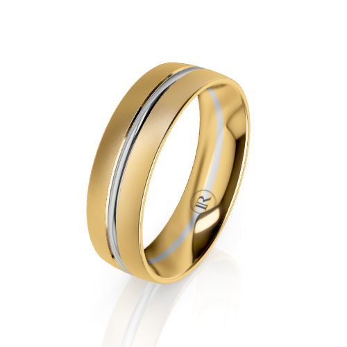 A polished yellow gold band ring with a central channel set with a thin silver-colored inlay, shown on a clean white background with a soft reflection.