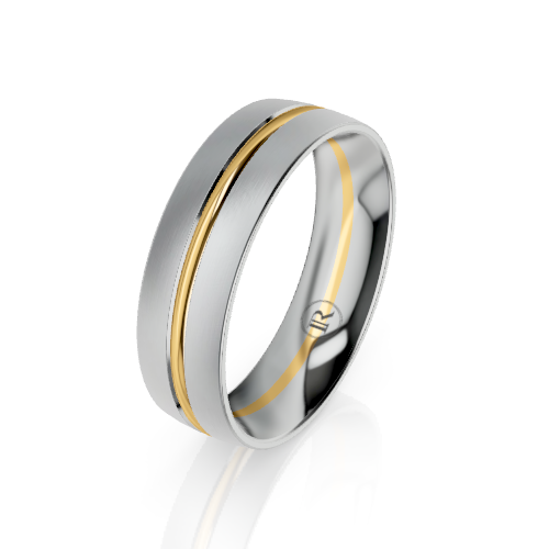 A two-tone wedding band ring with a polished silver-colored outer band and a yellow gold center stripe, shown on a clean white background with a soft reflection.