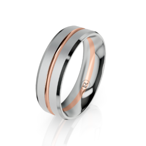 A two-tone metal band ring with a brushed silver outer surface and polished rose gold inlay channels, shown on a clean white background with a soft reflection.