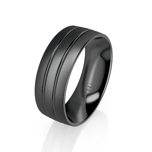 A black metal band ring with a brushed center and polished beveled edges, shown at an angle on a white reflective background.