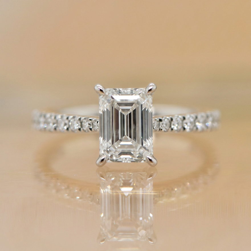 Imogen | 1.55ct Emerald Cut Lab Grown Diamond Engagement Ring | Delicate Diamond Band | 18ct White Gold