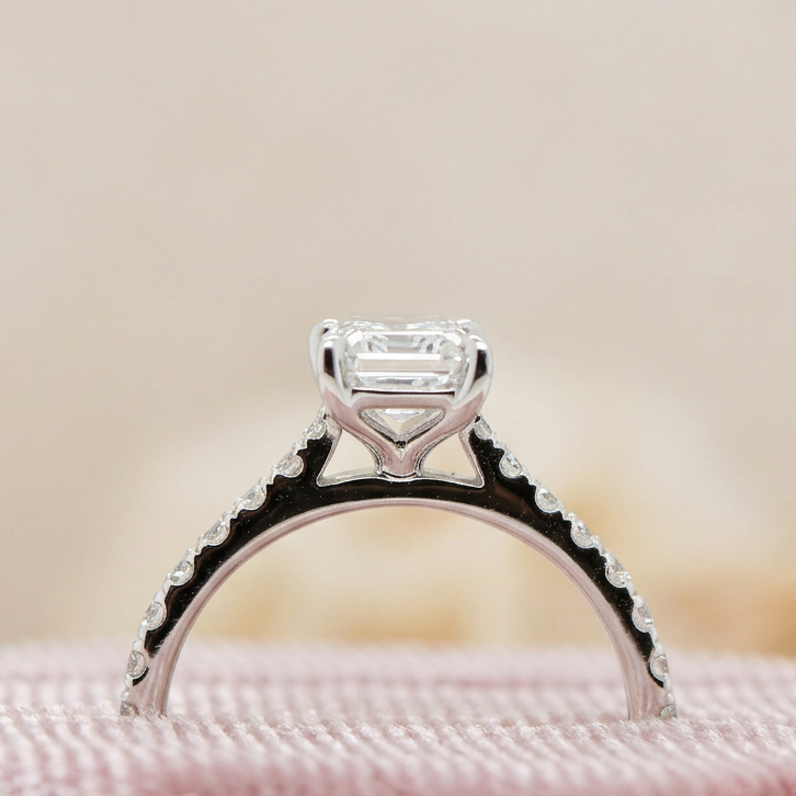 Imogen | 1.55ct Emerald Cut Lab Grown Diamond Engagement Ring | Delicate Diamond Band | 18ct White Gold