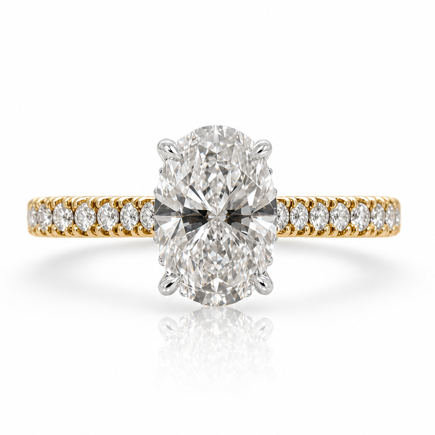 Isla | 1.50ct Oval Cut Lab Grown Diamond Solitaire Engagement Ring | Hidden Halo & Diamond Band | 18ct Yellow &amp; White Gold