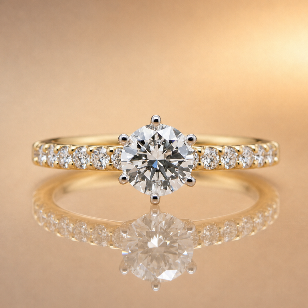 Julia | 0.70ct Round Brilliant Cut Natural Diamond Solitaire Engagement Ring | Diamond Band | 18ct Yellow & White Gold