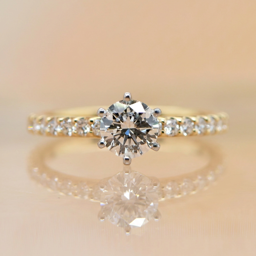 Julia | 0.70ct Round Brilliant Cut Natural Diamond Solitaire Engagement Ring | Diamond Band | 18ct Yellow & White Gold
