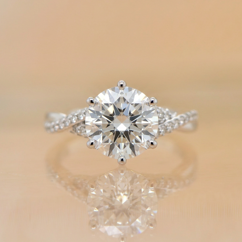 Juliet | 3.03ct Round Brilliant Cut Lab Grown Diamond Engagement Ring | Twisted Diamond Band &amp; Diamond-Set Claws | 18ct White Gold