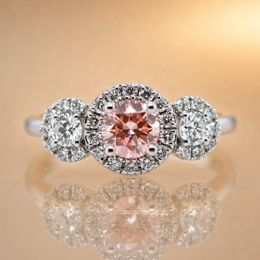 Diamond ring with a pink diamond on a reflective surface with a blurred background