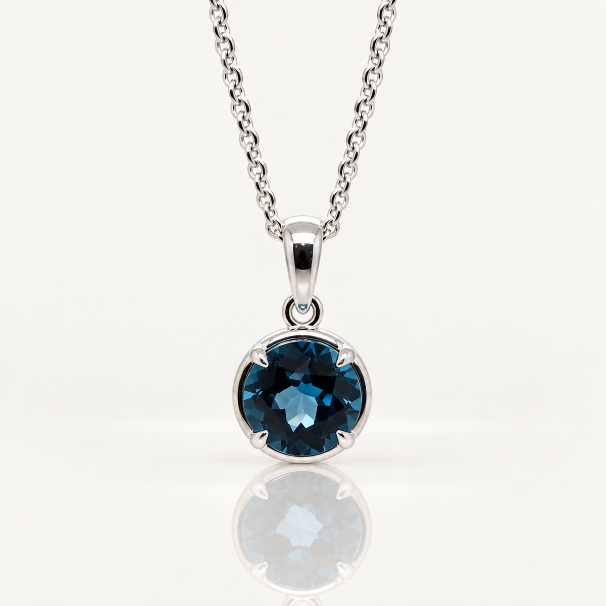 London Blue Topaz Pendant | 9ct White Gold | Checkerboard Cut