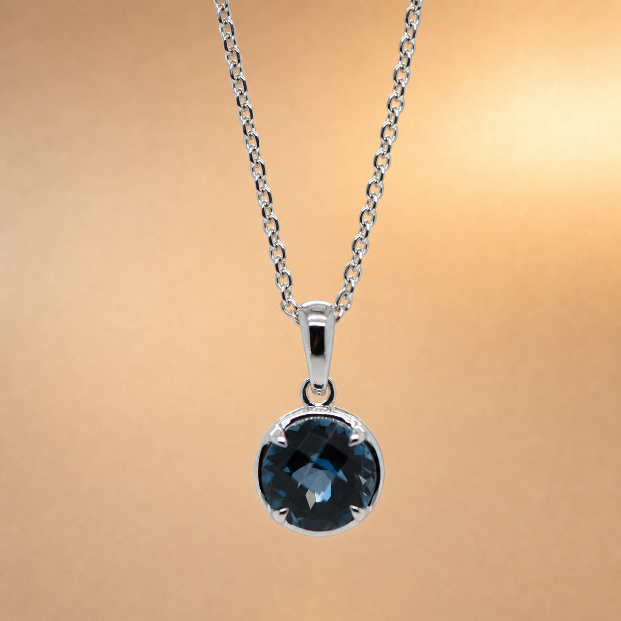London Blue Topaz Pendant | 9ct White Gold | Checkerboard Cut