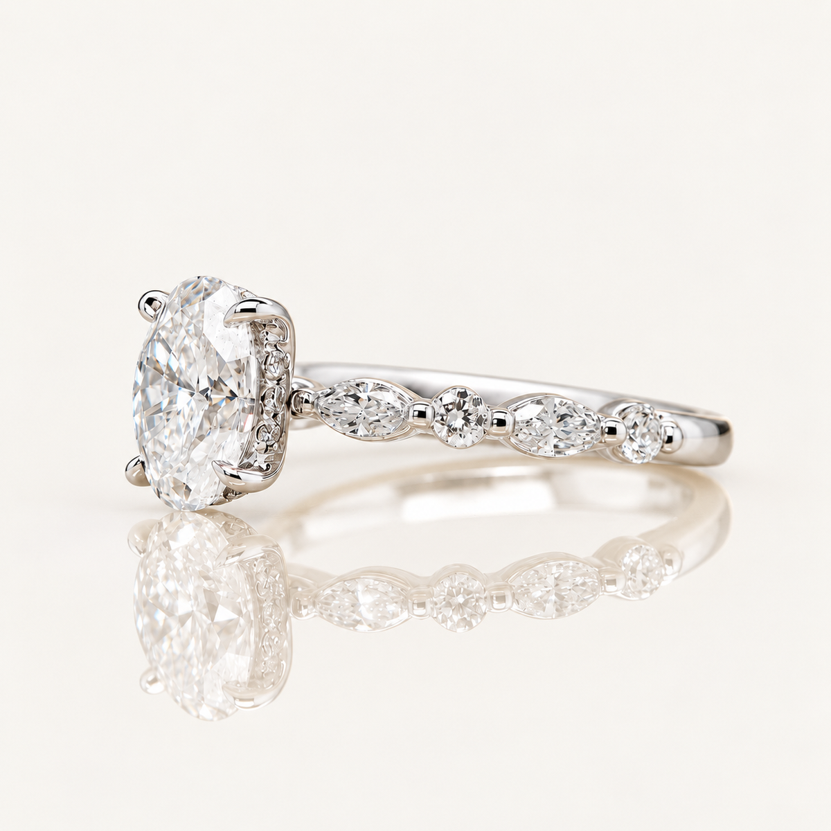 Marlee | 1.10ct Oval Cut Lab Grown Diamond Solitaire Engagement Ring | Marquise & Round Diamond Band | 18ct White Gold