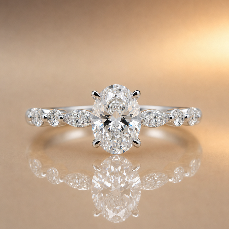 Marlee | 1.10ct Oval Cut Lab Grown Diamond Solitaire Engagement Ring | Marquise & Round Diamond Band | 18ct White Gold