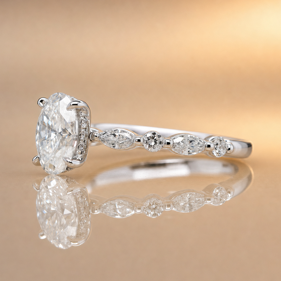 Marlee | 1.10ct Oval Cut Lab Grown Diamond Solitaire Engagement Ring | Marquise & Round Diamond Band | 18ct White Gold