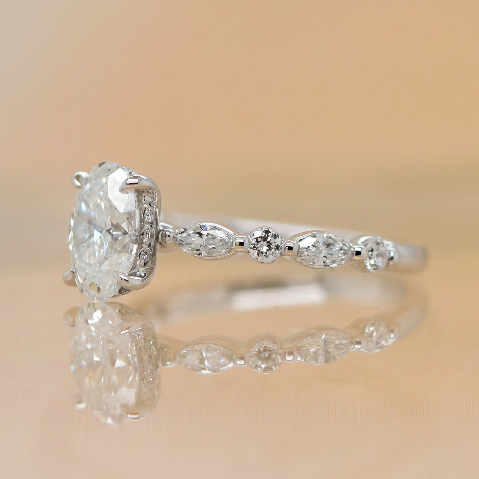 Marlee | 1.10ct Oval Cut Lab Grown Diamond Solitaire Engagement Ring | Marquise & Round Diamond Band | 18ct White Gold