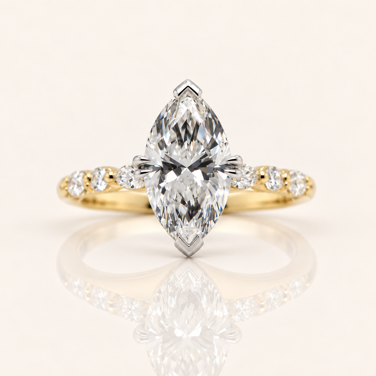 Violet | 3.03ct Marquise Cut Lab Grown Diamond Engagement Ring | Marquise & Round Diamond Shoulders | 18ct Yellow & White Gold