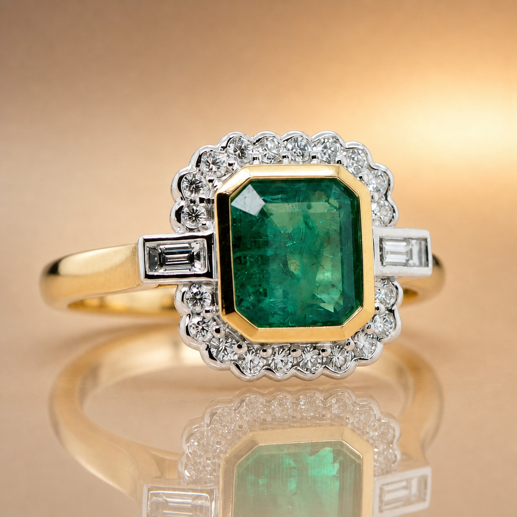 Gold ring with a green gemstone and diamond accents on a reflective surface.