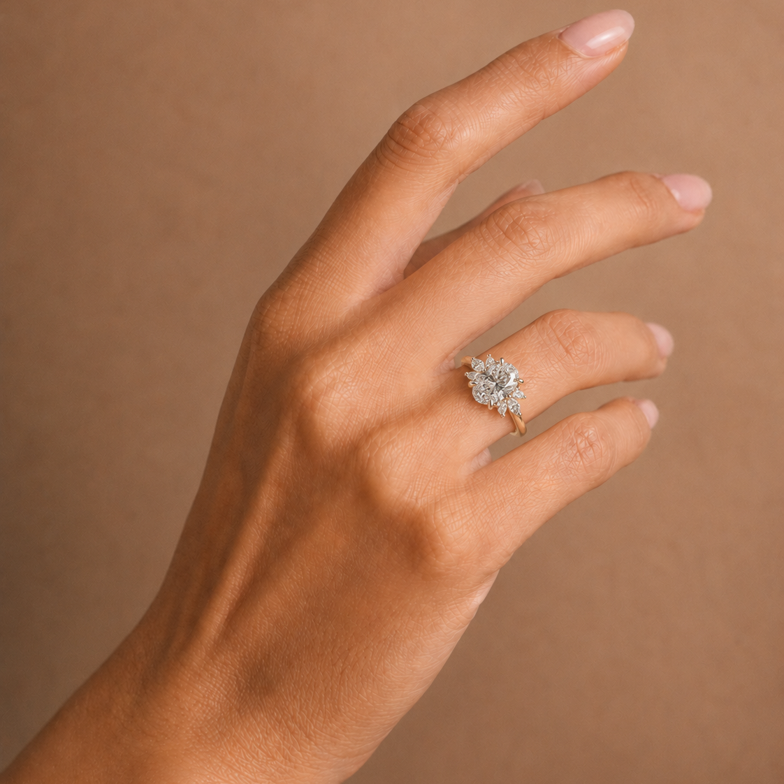 Mikayla | 2.04ct Oval Cut Lab Grown Diamond Engagement Ring | Marquise & Pear Cluster Shoulders | 18ct Yellow & White Gold