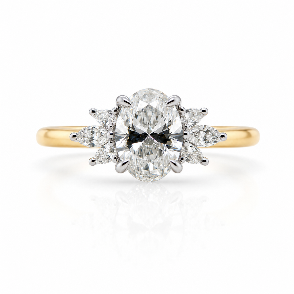 Mikayla | 2.04ct Oval Cut Lab Grown Diamond Engagement Ring | Marquise & Pear Cluster Shoulders | 18ct Yellow & White Gold