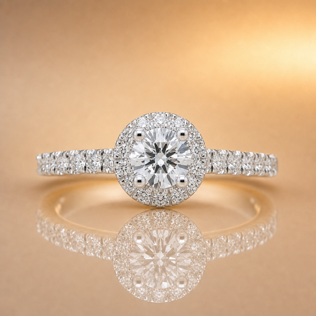 Harper | 0.54ct Round Brilliant Halo Lab Grown Diamond Engagement Ring | Diamond Set Band | 9ct White Gold