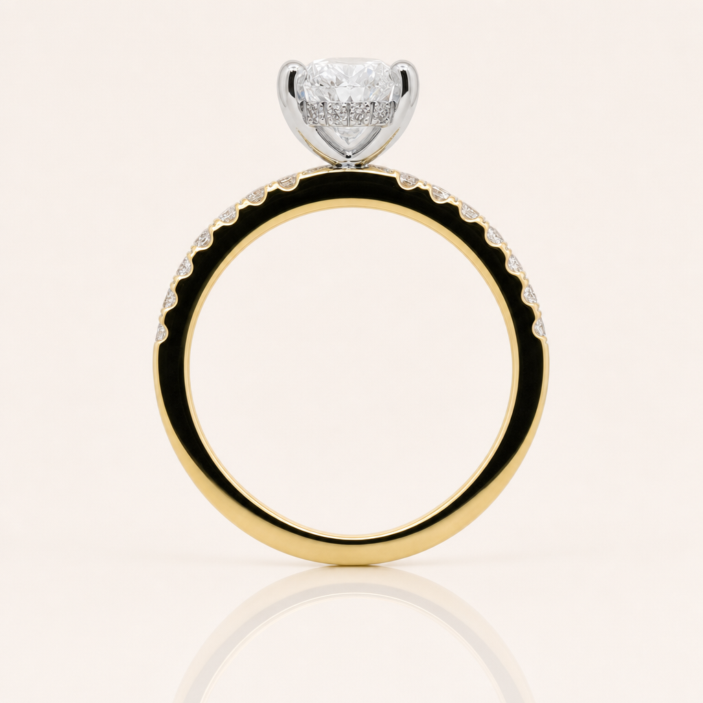 Poppy | 2.03ct Oval Lab Grown Diamond Engagement Ring | Hidden Halo & Diamond Set Shoulders | 18ct Yellow &amp; White Gold