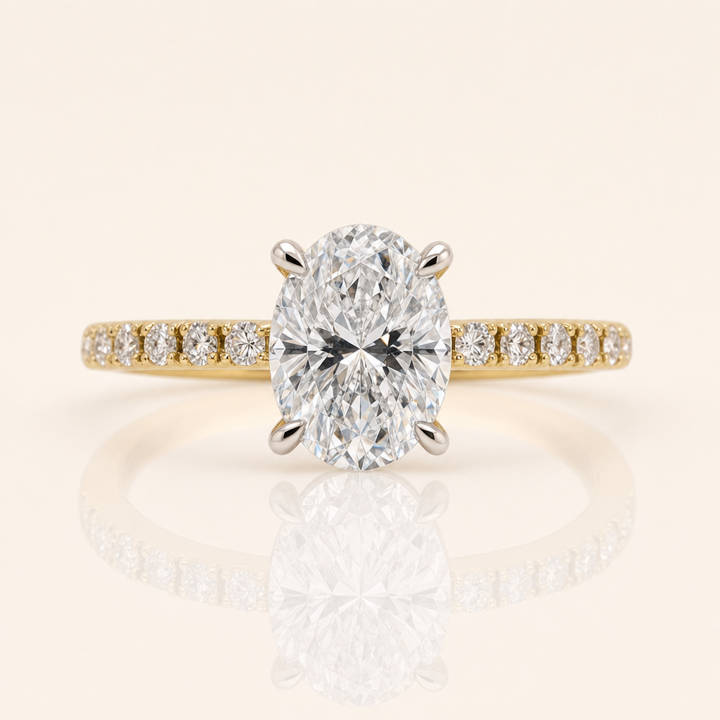 Poppy | 2.03ct Oval Lab Grown Diamond Engagement Ring | Hidden Halo & Diamond Set Shoulders | 18ct Yellow &amp; White Gold