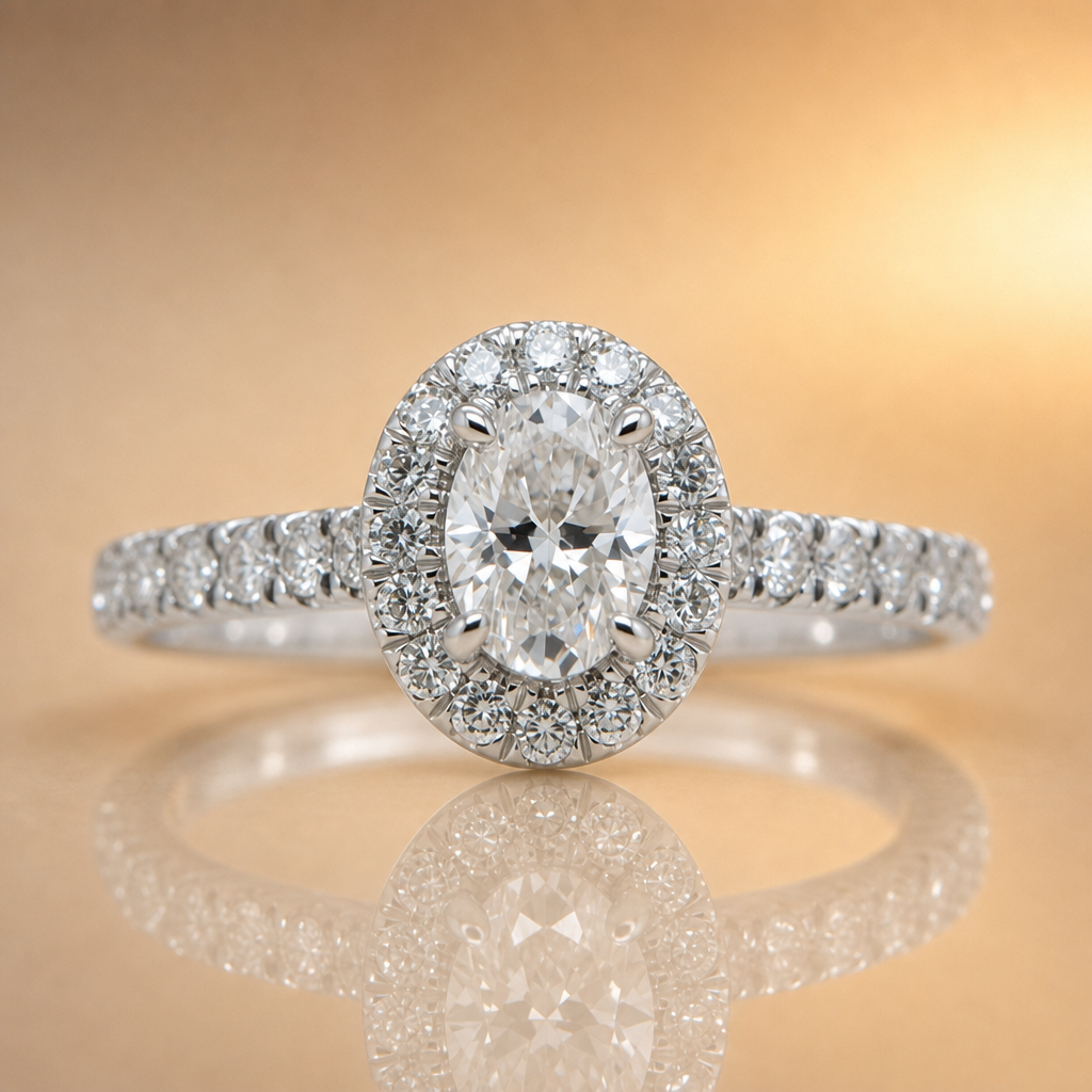 Fiona | 0.72ct Oval Halo Lab Grown Diamond Engagement Ring | Diamond Set Band | 9ct White Gold