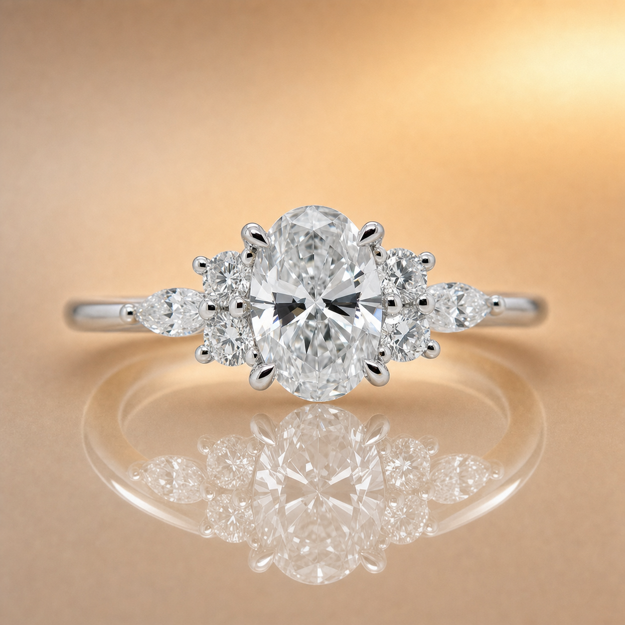 Adele | 1.03ct Oval Cut Lab Grown Diamond Engagement Ring | Marquise & Round Diamond Shoulders | 18ct White Gold