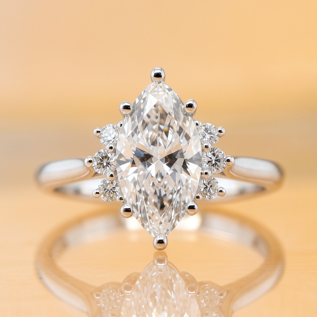 Noelle | 2.06ct Marquise Cut Lab Grown Diamond Engagement Ring | Diamond Cluster Shoulders | 18ct White Gold