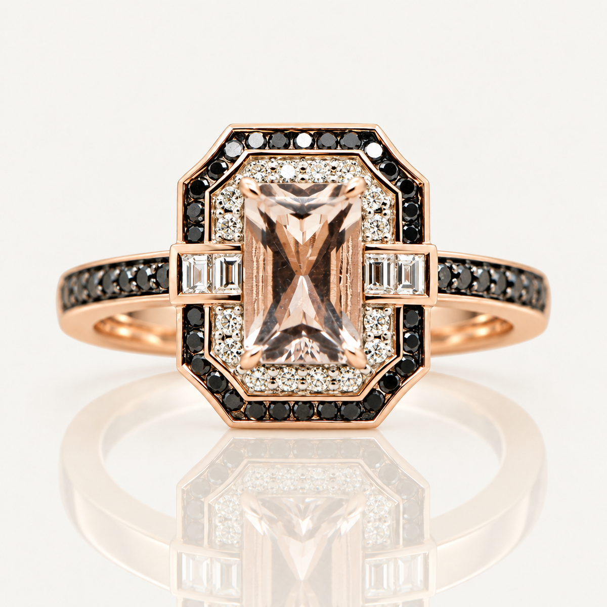 Octagonal Morganite, Black & White Diamond Ring | 9ct Rose Gold