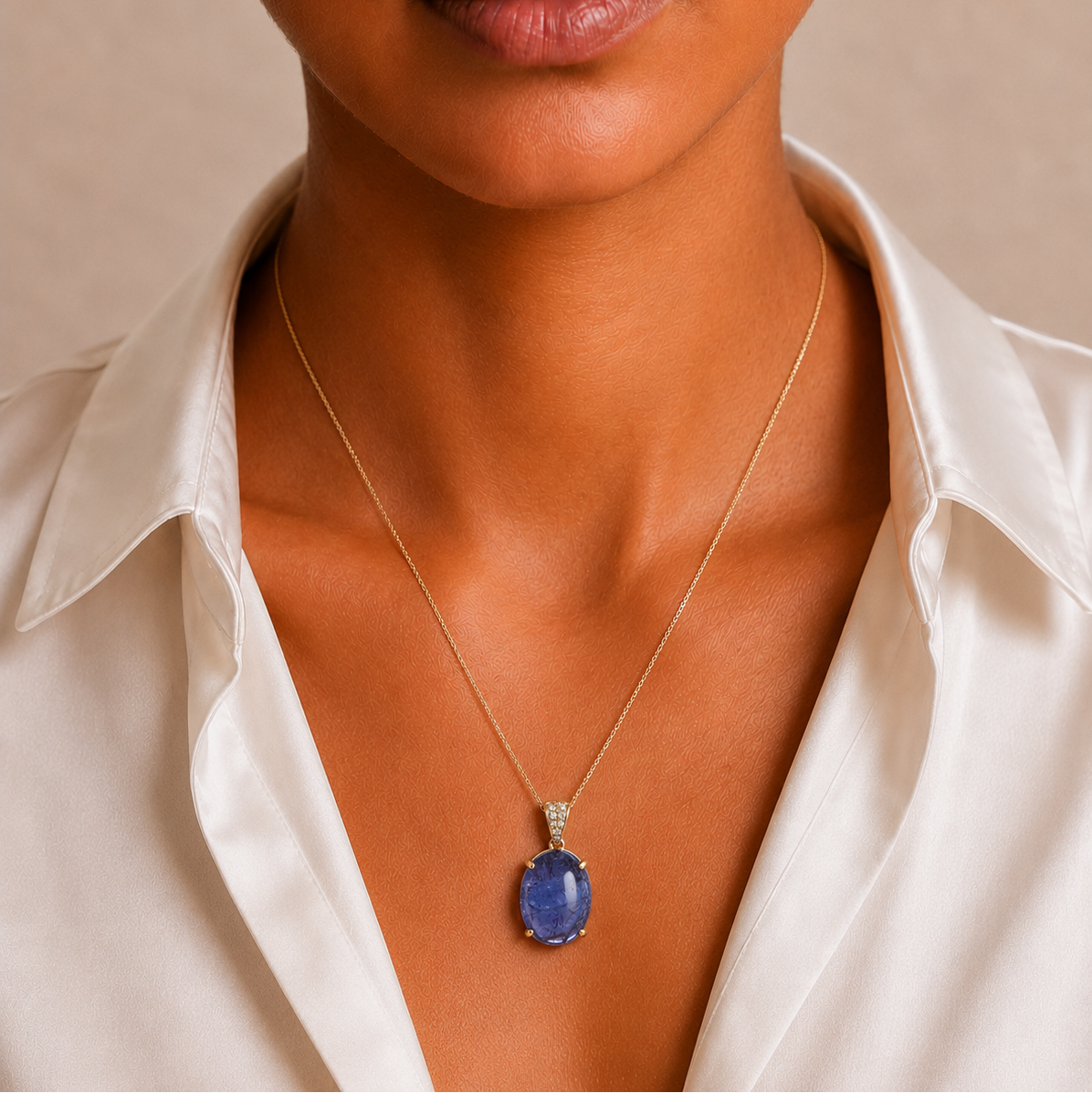 Oval Cabochon Tanzanite & Diamond Pendant | 18ct Yellow Gold